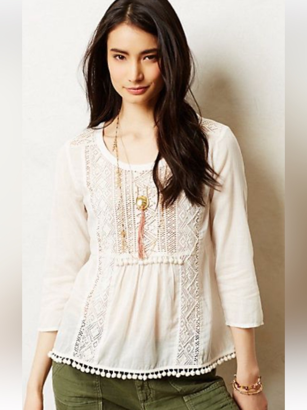 Anthropologie Maeve Women's beaded Pom Pom Blouse size 6 prairie Victorian style